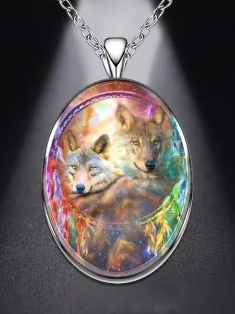 Silver Oval Silver WOLF Pendant Necklace